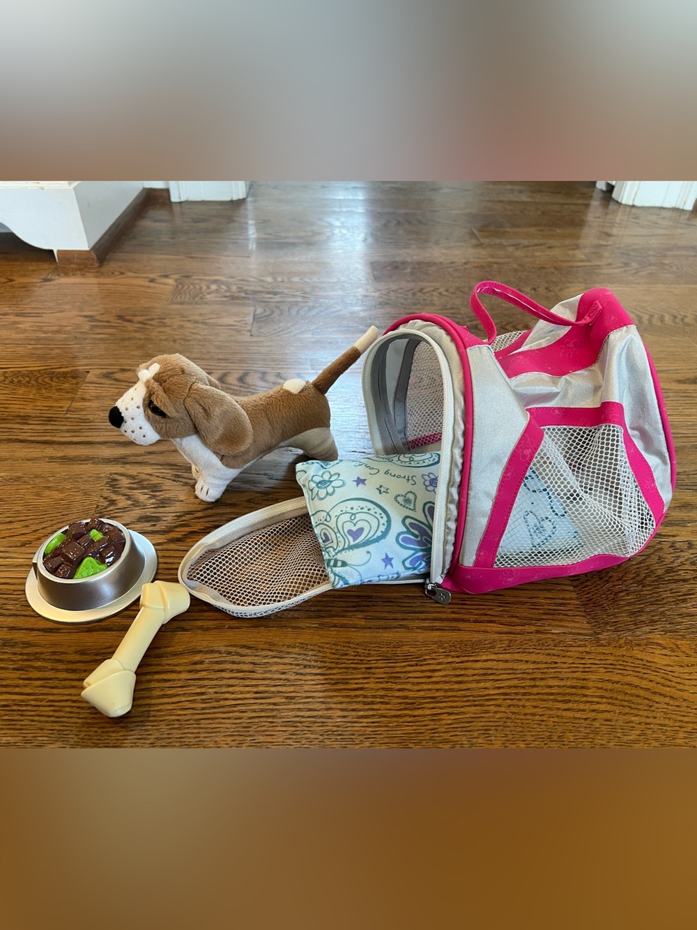 American Girl Doll Pink and Silver Mesh Pet Carrier with Dog and Accessories